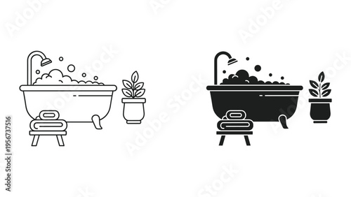 Bathtub with bubbles, shower and plant icons
