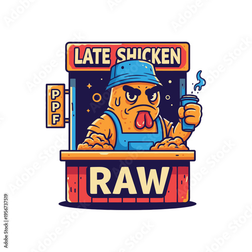 Cartoon chicken wearing blue hat.