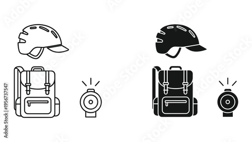 Bicycle Helmet, Backpack and Bell Icons Set - Line Art and Silhouette Style