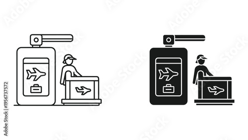 Airport Security Checkpoint Scanner and Agent Icon - Line Art and Silhouette