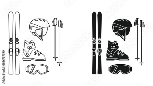 Skiing Equipment Set: Skis, Boots, Helmet, Goggles and Poles - Line Art and Silhouette Styles