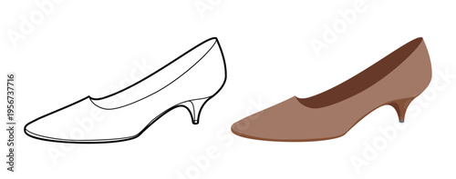 Brown kitten heel pump shoe women flat plus line set. Closed toe dress shoe for conference, travel look. Technical fashion illustration, CAD mockup, mixed vector men unisex isolated stylish style.