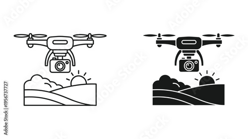 Drone with Camera Flying Over Landscape with Sunrise and Clouds - Icon Set