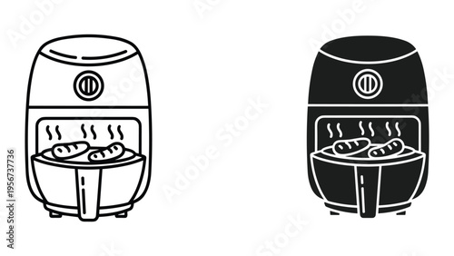 Air Fryer Icon with Sausage and Steam - Black and White Line Art and Silhouette
