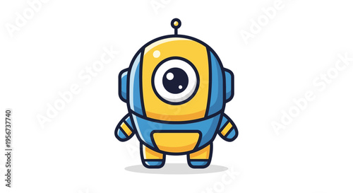 Cute cartoon yellow and blue one-eyed robot character with an antenna on a white background, simple illustration.