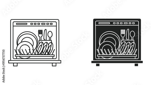 Open Dishwasher with Plates, Bowls, Fork, Spoon, Knife, Lineless and Silhouette Icons
