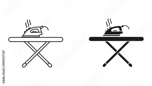 Set of Iron and Ironing Board Icons: Line Art and Silhouette, Steam Effect, Laundry and Household Chores