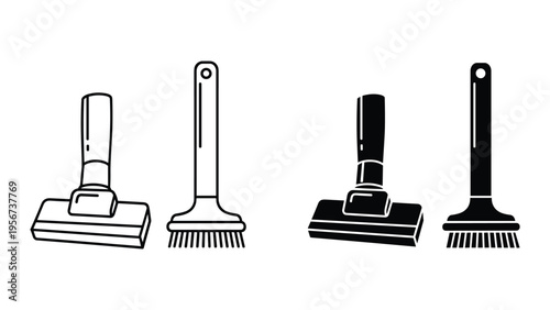 Cleaning tools icons: brush and vacuum cleaner, black and white line art and solid silhouette set
