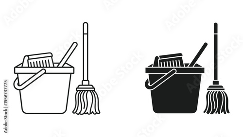 Cleaning tools icons: bucket with brush and mop, outline and solid fill for design