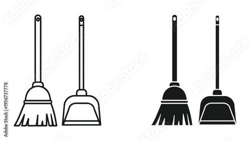 Set of Broom and Dustpan Icons in Outline and Solid Style, Cleanliness and Housekeeping Tools