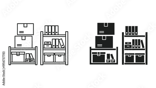 Storage Shelving Units with Boxes and Binders - Line Art and Silhouette Icons