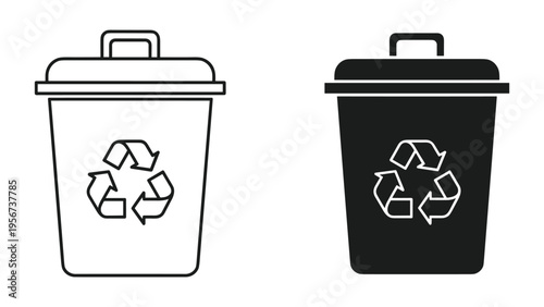 Recycle Bin Icons: Outline and Solid Black Silhouette with Recycling Symbol