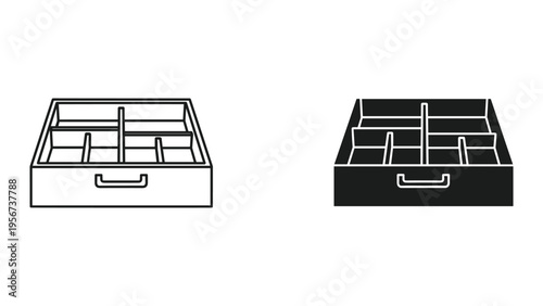 Drawer organizer with compartments and handle icon, line art and solid fill
