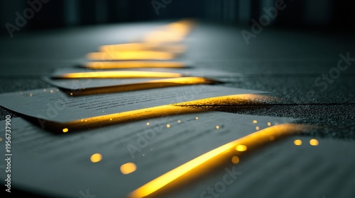 Visual Representation Showing Audit Trail as Glowing Path of Documents in a Tech Setting With Dark Background and Depth Layers