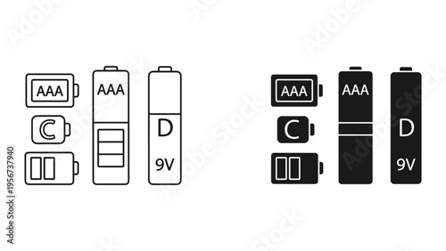 Battery Types Collection: AAA, C, D, and 9V Icons - Outline and Solid Fill