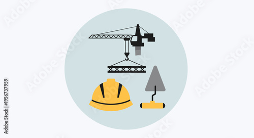 Construction Crane and Safety Helmet Icons.