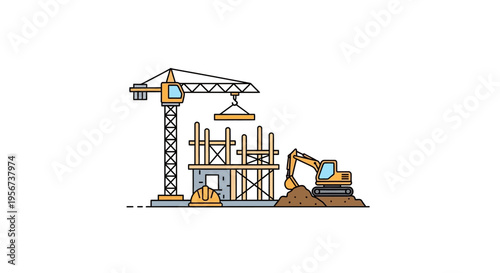 Construction site with crane and excavator.
