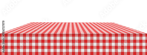 Picnic or kitchen table surface with checkered red and white gingham tablecloth on it. Perspective view. Italian cafe or restaurant interior element. Breakfast or dinner concept. Vector illustration.