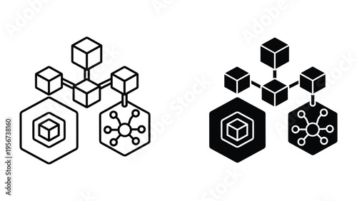 Blockchain network nodes with connected cubes and hexagonal symbols, line and solid icons