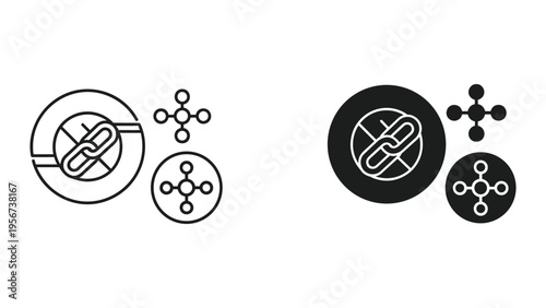 Chain Link Icon Inside Circle with Plus Signs, Line Art and Silhouette Styles