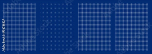 Collection of blueprint grid backgrounds on blue backdrop. regular graph paper, dotted matrix, sharp technical mesh rounded square lattice for engineering plans, school notes, UI layouts infographic.