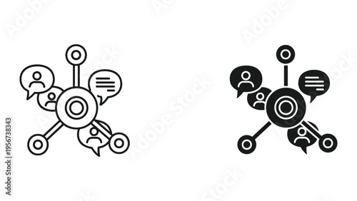 Communication Network Icon: Connected People and Speech Bubbles, Line and Silhouette Styles