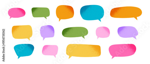 Set of cute speech bubbles with gritty noise textures. Dialogue balloons, text boxes, quotation stickers, message clouds, idea labels with grunge shadows in corners. Vector cartoon illustration.
