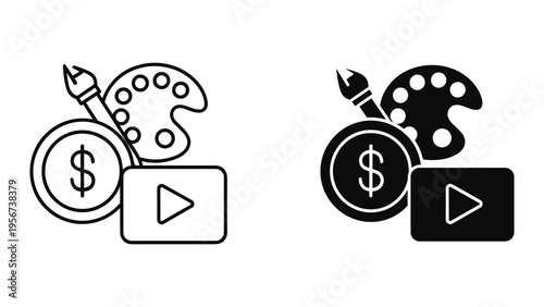 Art and Money Icons: Paint Palette, Brush, Dollar Coin, and Play Button Duo