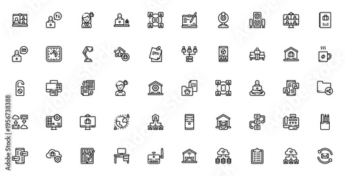 Work from home icon set. Vector illustration includes home office, remote work, online meeting, teleconference, file sharing, business, productivity and more.