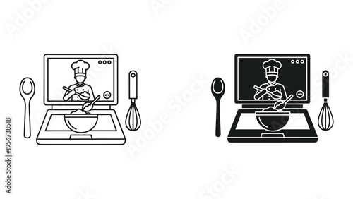 Online Cooking Class: Chef on Laptop Screen, Whisk, Spoon, Mixing Bowl, Digital Learning, Culinary Education