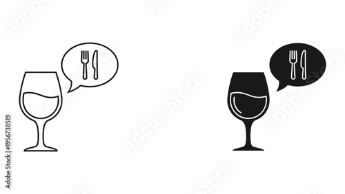 Wine Glass with Speech Bubble and Cutlery Icons: Outline and Solid Fill Versions