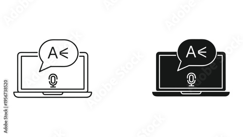 Laptop with speech bubble showing 'A<', microphone icon, representing voice command, translation, AI, digital communication