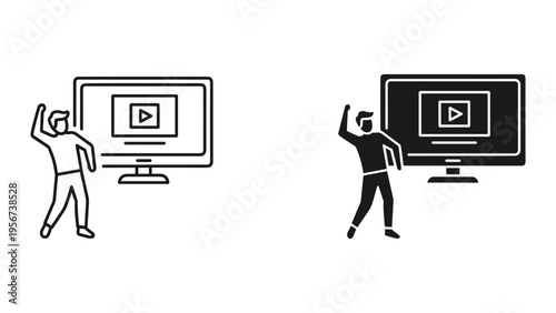 Man Watching Video on Computer Screen with Play Button Icon, Line Art and Silhouette Icons