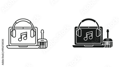 Digital Music Production and Learning Concept: Laptop with Headphones, Music Note and Keyboard Icon