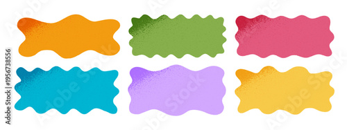 Colorful wavy shapes with grainy textures. Organic asymmetric blobs with grunge shadows. Abstract freehand psychedelic forms. Talk clouds, textbox, tag or label templates. Vector cartoon illustration.