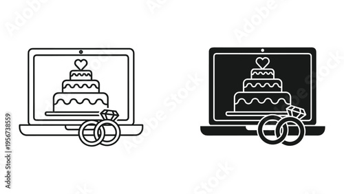 Online Wedding Planning: Laptop with Cake, Rings and Diamond Icon, Line Art and Silhouette