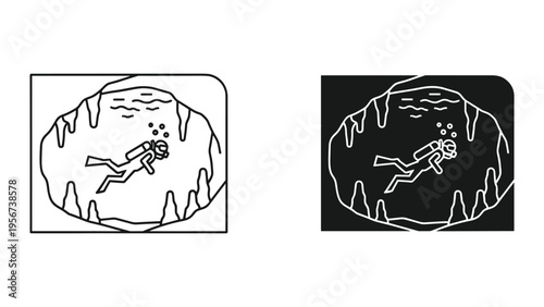 Cave Diver Exploring Underwater Cavern with Stalactites and Bubbles - Line Art and Silhouette Icons