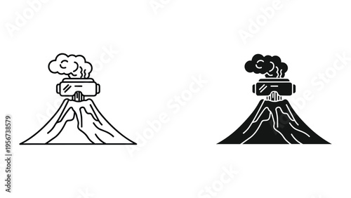 Volcano with VR headset icon, virtual reality technology, immersive experience, eruption symbol