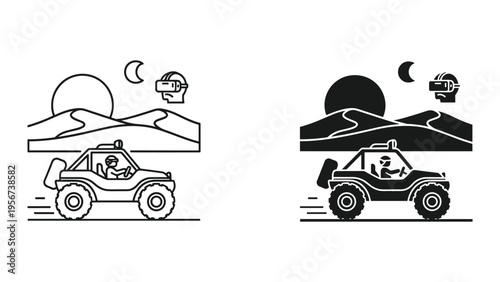 Dune Buggy Off-Road Adventure with VR Headset & Moon Icon - Line and Silhouette