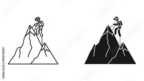 Icon of mountaineer in VR headset climbing mountain peak, line art and silhouette