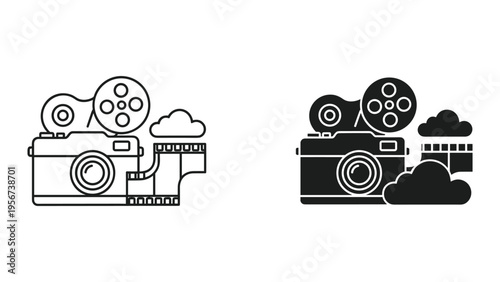Vintage Camera and Film Reel Icon with Clouds - Line Art and Silhouette