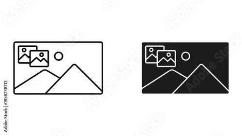 Iconic Image Gallery Representation with Mountains and Sun/Moon Symbol - Line Art and Silhouette