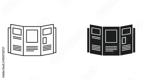 Brochure Tri Fold Icon Set - Line Art and Silhouette of Open Booklet for Information or Advertising