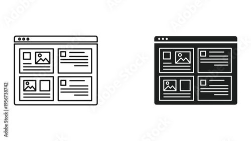 Website layout grid icons, content blocks, blog post, gallery, image and text modules
