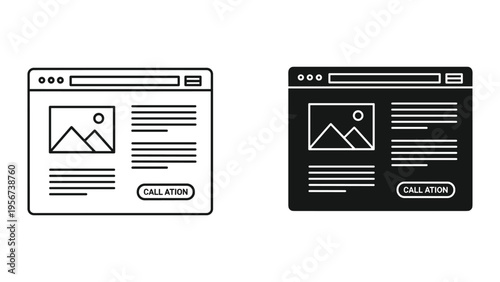 Web Page Layout with Image, Text and Call to Action Button - Black and White Icons