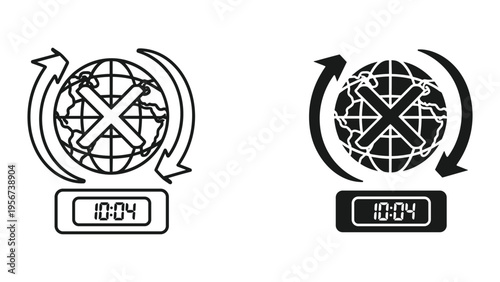 Global Time Zone Error Icon with "X" Mark and Digital Clock Displaying 10:04