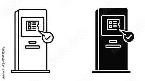 Self-service kiosk icon with touch screen and checkmark symbol, concept of digital interaction