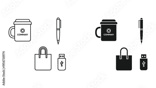Promotional Merchandise Icons: Coffee Mug, Pen, Shopping Bag, USB Drive - Line Art and Solid Black
