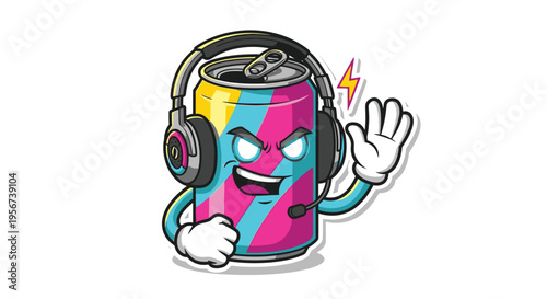 Colorful soda can wearing headphones.