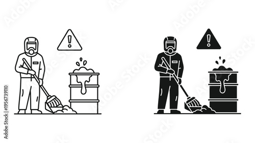 Hazardous Spill Cleanup Icon: Person in Hazmat Suit Sweeping Spilled Liquid from Drum